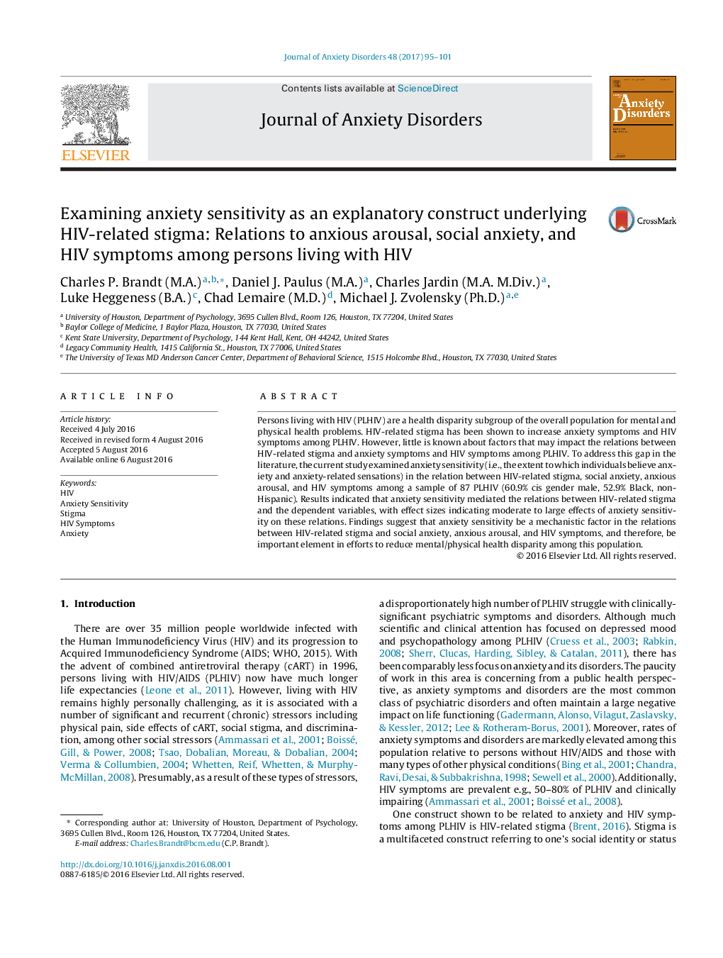 Examining anxiety sensitivity as an explanatory construct underlying HIV-related stigma: Relations to anxious arousal, social anxiety, and HIV symptoms among persons living with HIV