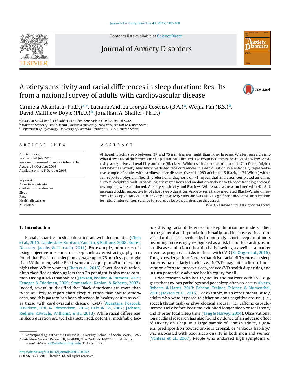 Anxiety sensitivity and racial differences in sleep duration: Results from a national survey of adults with cardiovascular disease