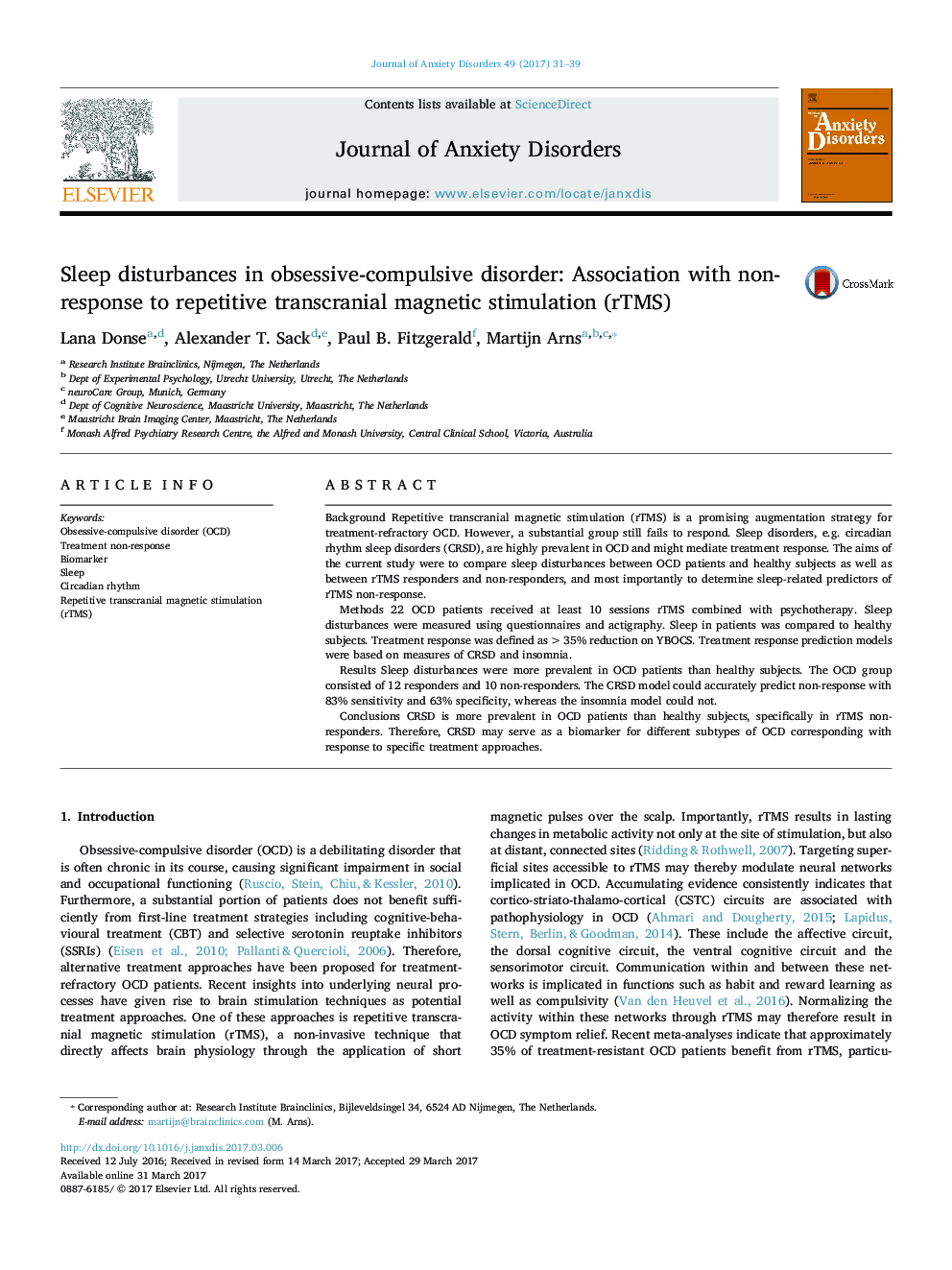 Sleep disturbances in obsessive-compulsive disorder: Association with non-response to repetitive transcranial magnetic stimulation (rTMS)