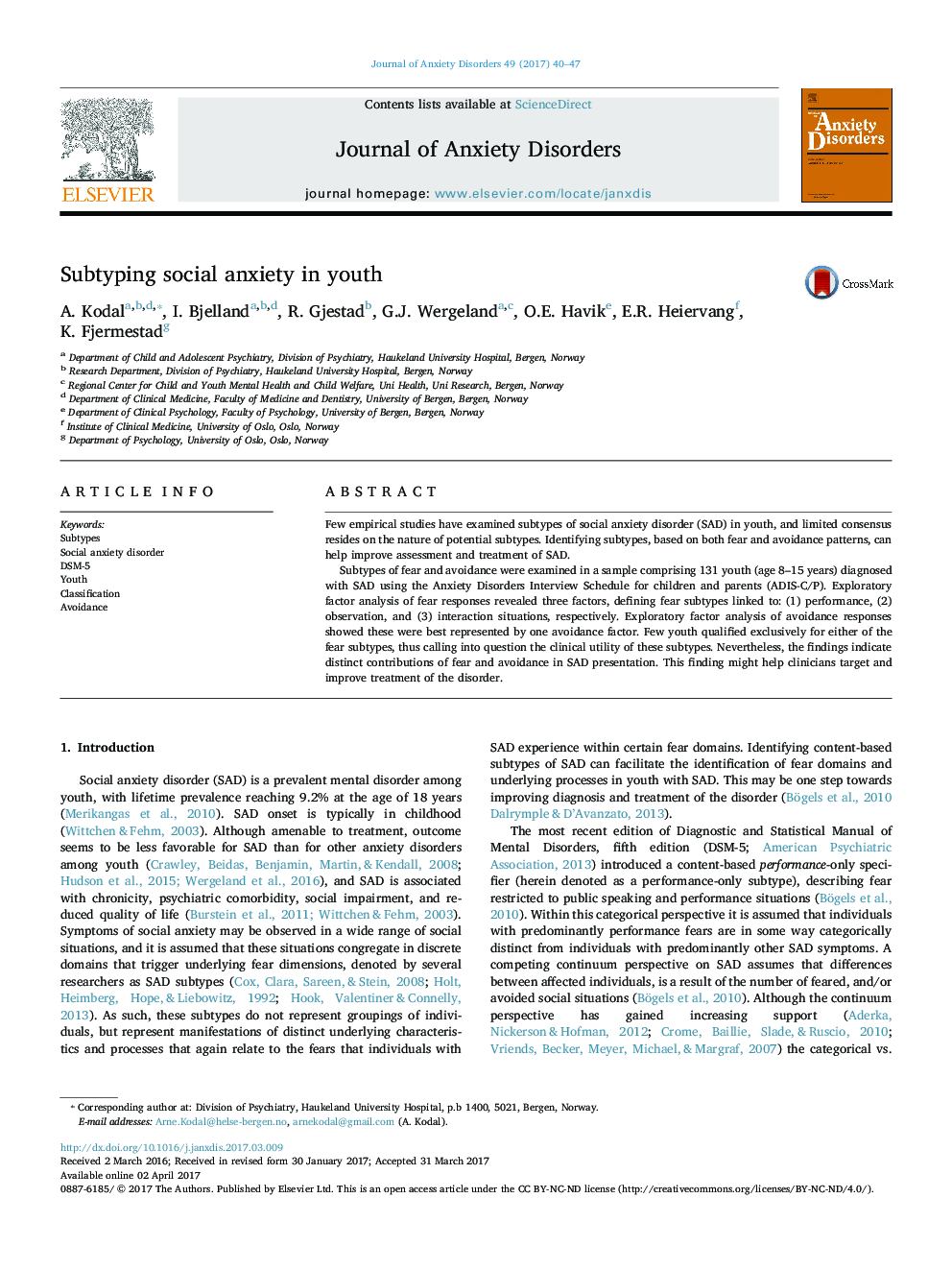 Subtyping social anxiety in youth