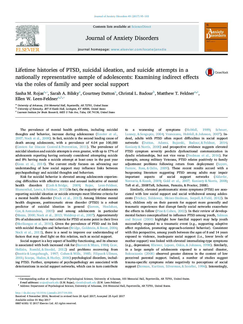 Lifetime histories of PTSD, suicidal ideation, and suicide attempts in a nationally representative sample of adolescents: Examining indirect effects via the roles of family and peer social support