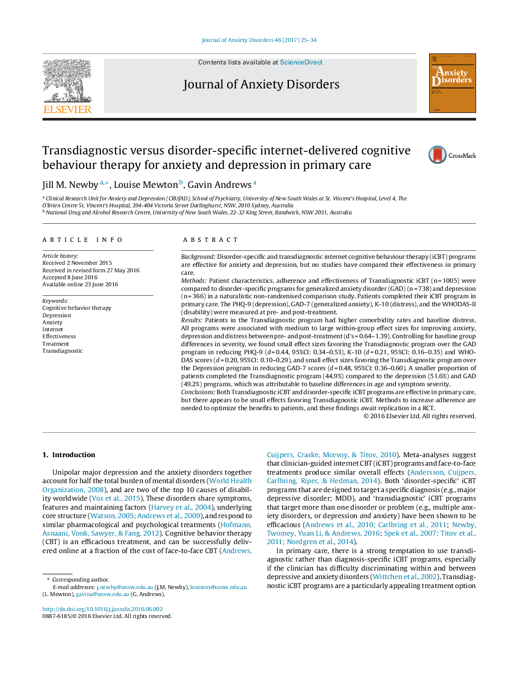 Transdiagnostic versus disorder-specific internet-delivered cognitive behaviour therapy for anxiety and depression in primary care