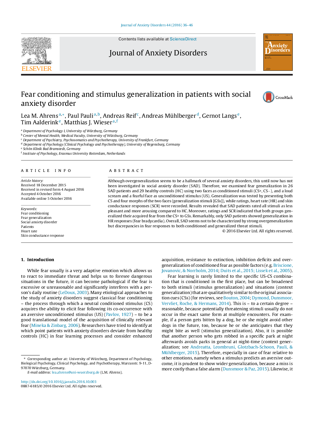 Fear conditioning and stimulus generalization in patients with social anxiety disorder