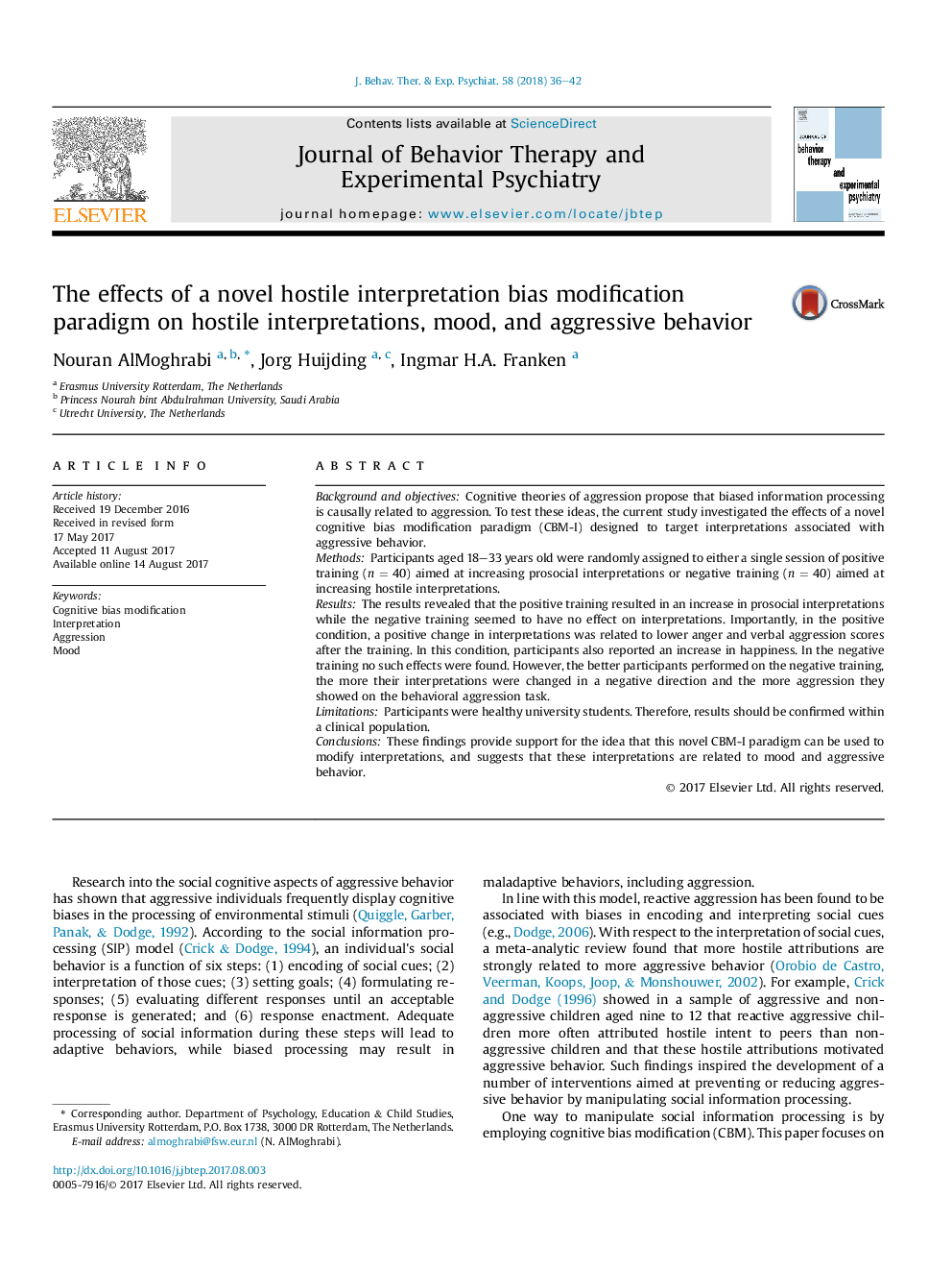 The effects of a novel hostile interpretation bias modification paradigm on hostile interpretations, mood, and aggressive behavior