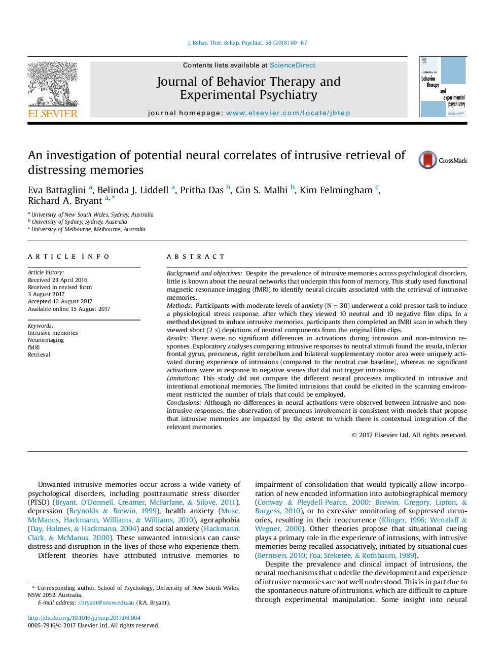 An investigation of potential neural correlates of intrusive retrieval of distressing memories