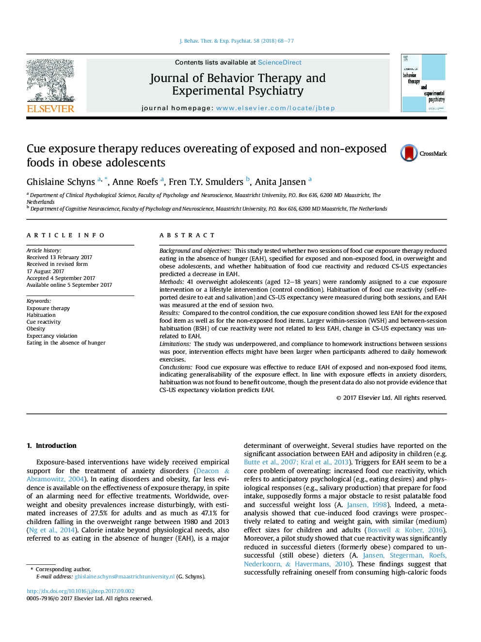 Cue exposure therapy reduces overeating of exposed and non-exposed foods in obese adolescents