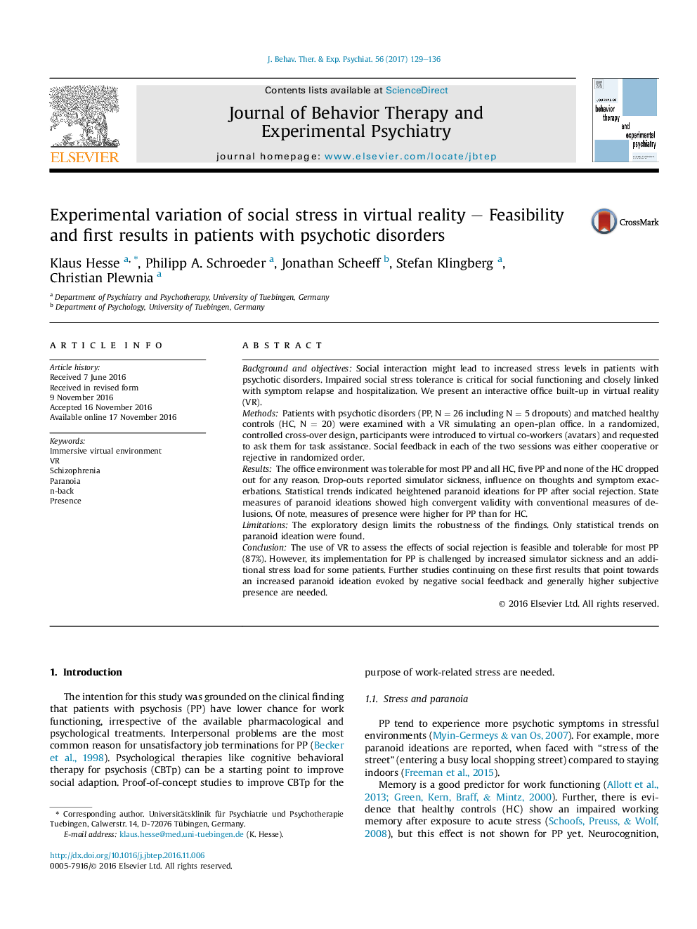 Experimental variation of social stress in virtual reality - Feasibility and first results in patients with psychotic disorders