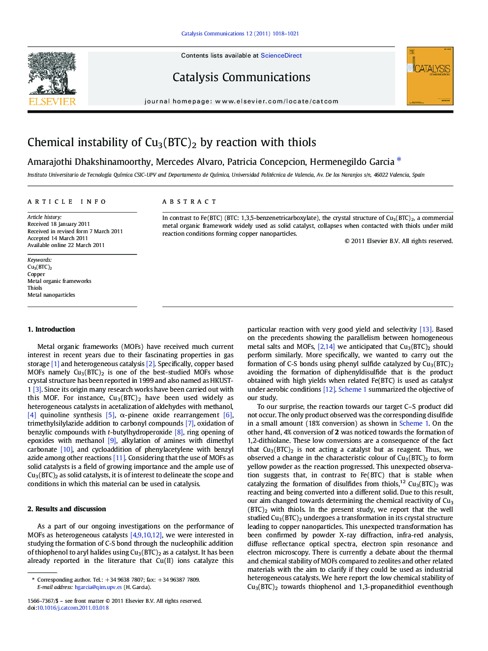 Chemical instability of Cu3(BTC)2 by reaction with thiols