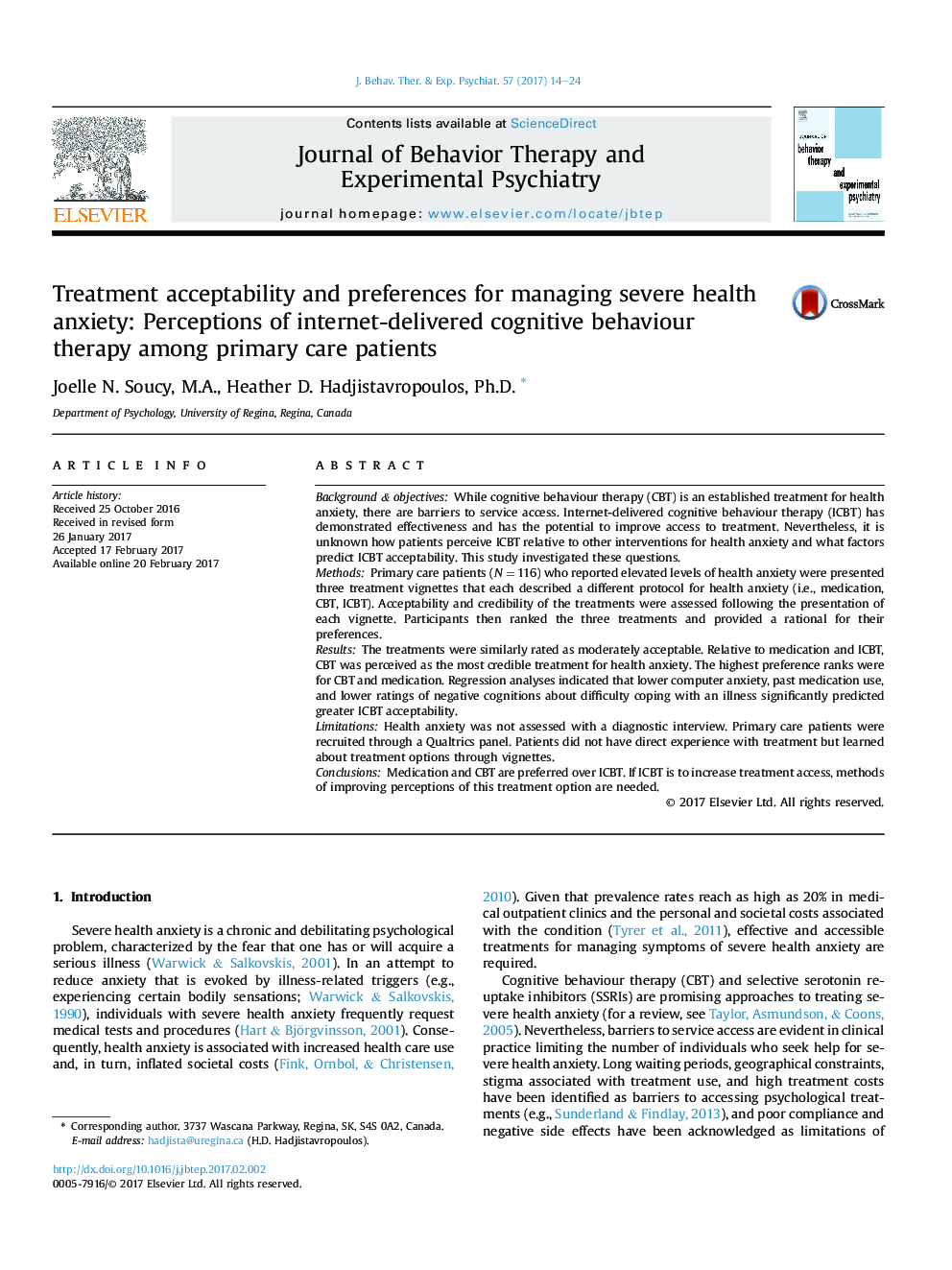 Treatment acceptability and preferences for managing severe health anxiety: Perceptions of internet-delivered cognitive behaviour therapy among primary care patients
