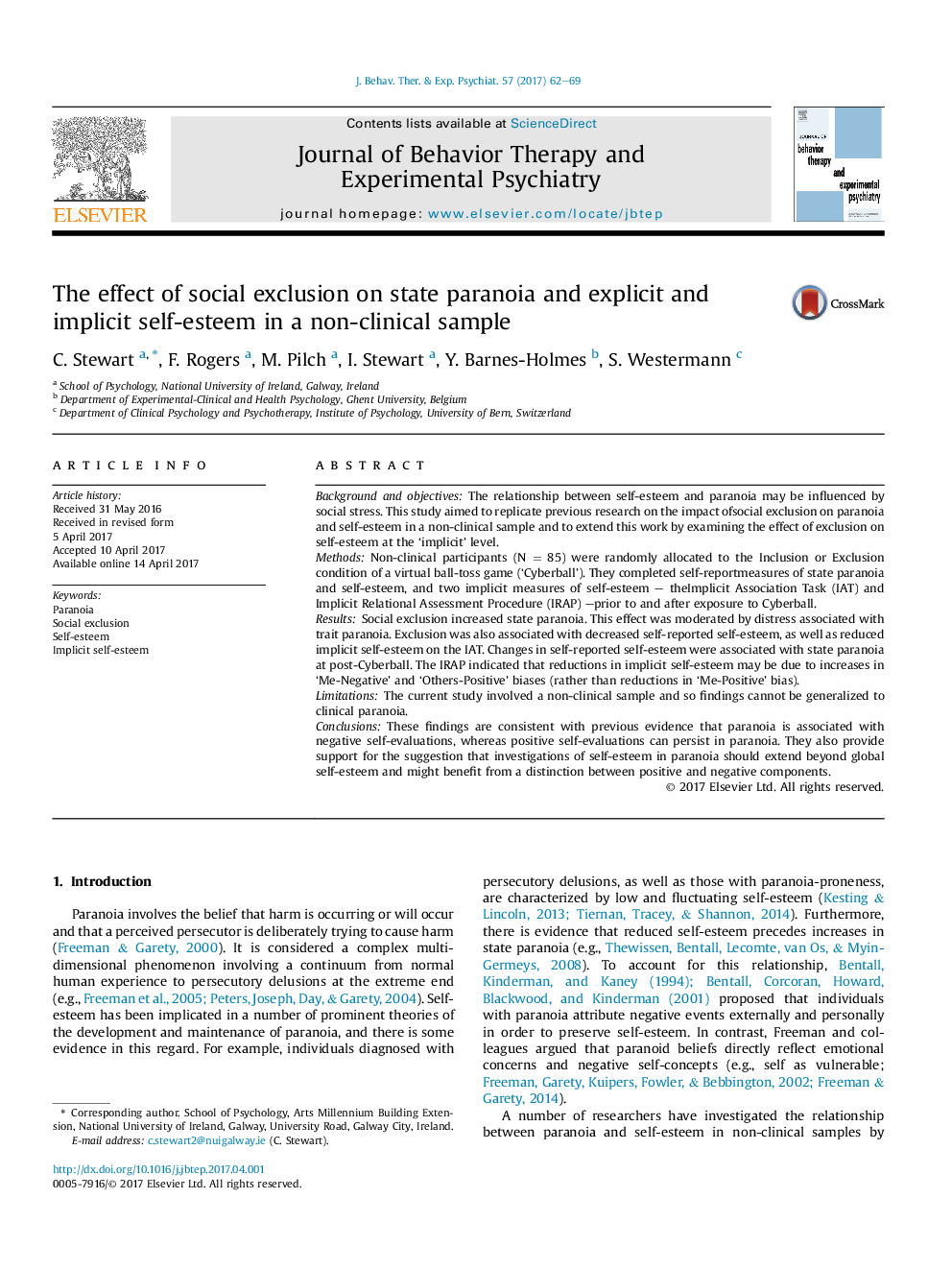 The effect of social exclusion on state paranoia and explicit and implicit self-esteem in a non-clinical sample