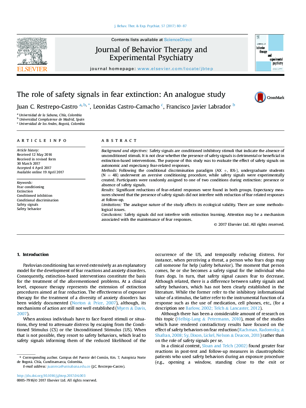 The role of safety signals in fear extinction: An analogue study