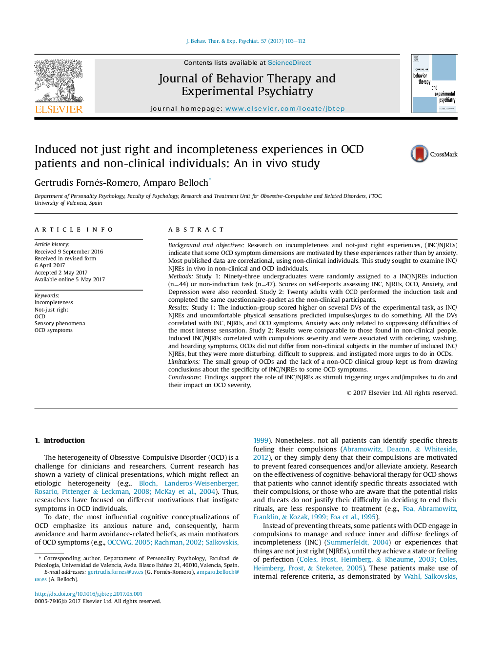 Induced not just right and incompleteness experiences in OCD patients and non-clinical individuals: An inÂ vivo study