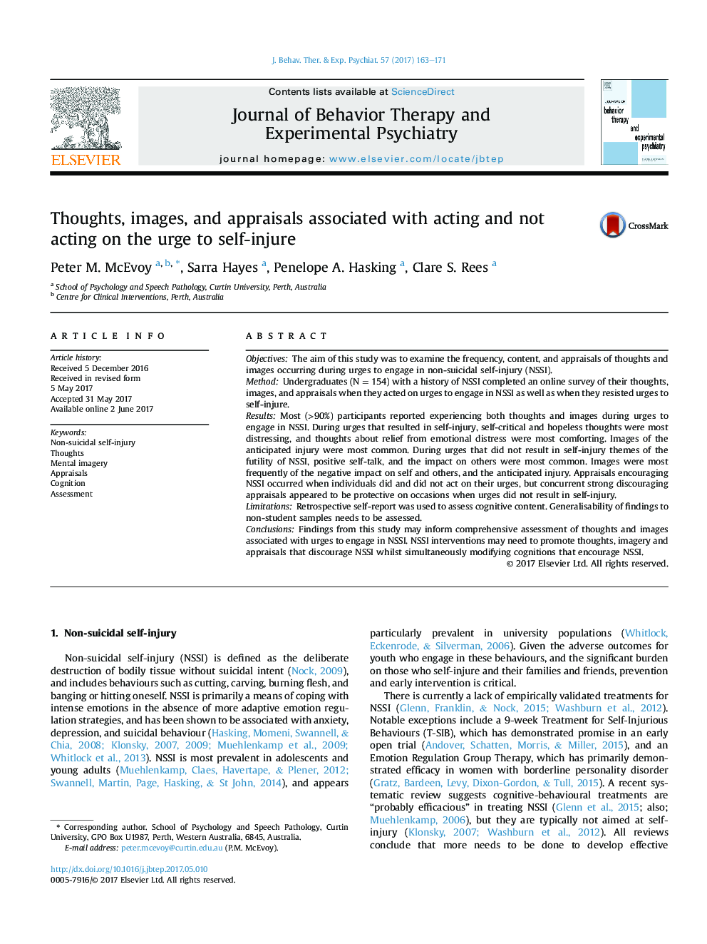 Thoughts, images, and appraisals associated with acting and not acting on the urge to self-injure