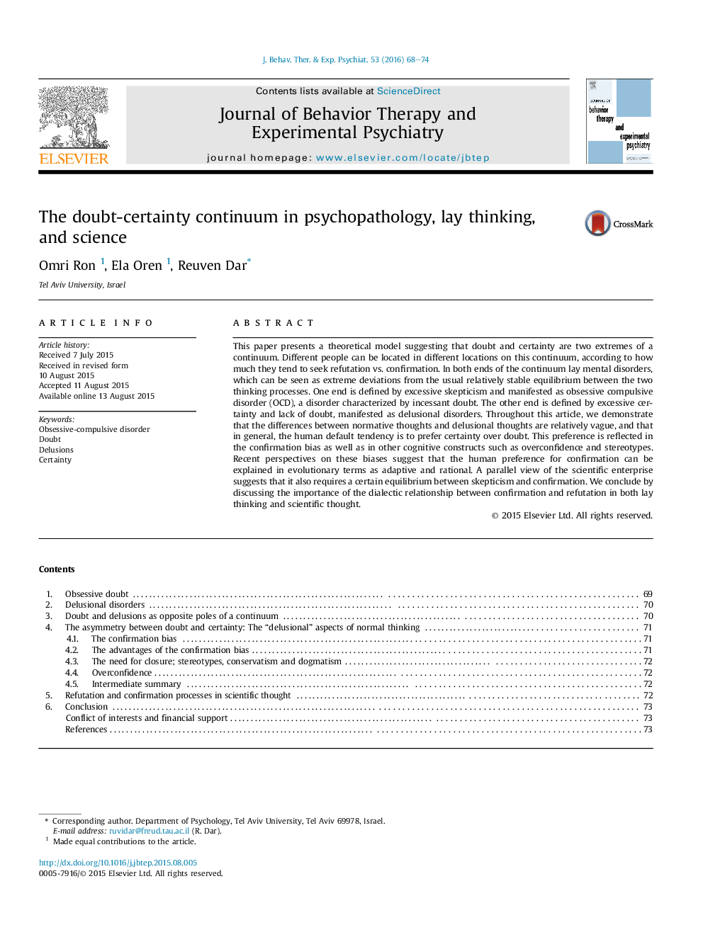 The doubt-certainty continuum in psychopathology, lay thinking, and science