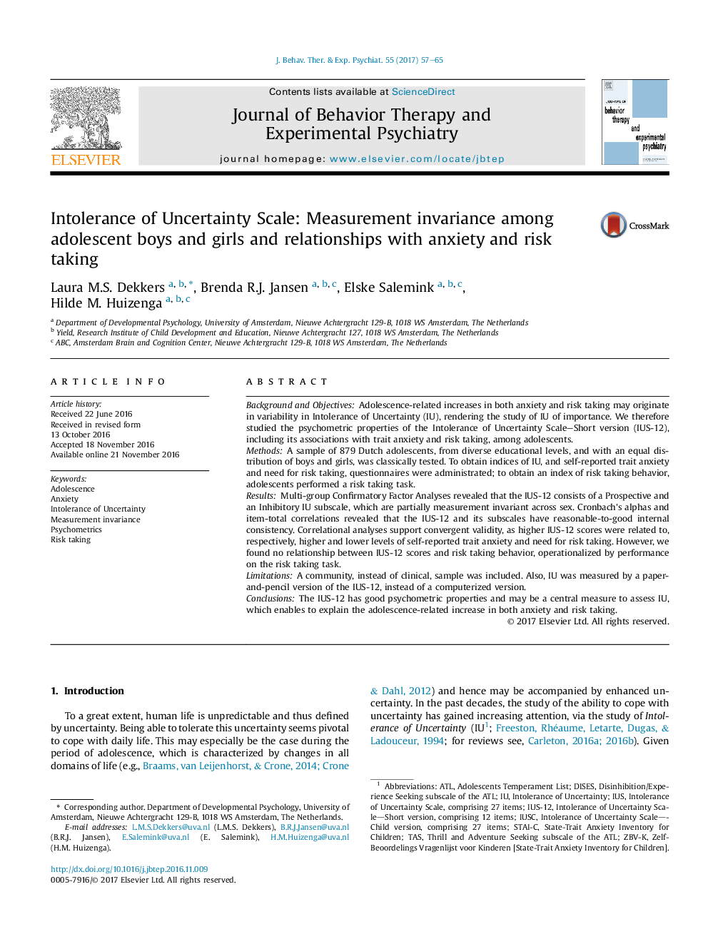 Intolerance of Uncertainty Scale: Measurement invariance among adolescent boys and girls and relationships with anxiety and risk taking