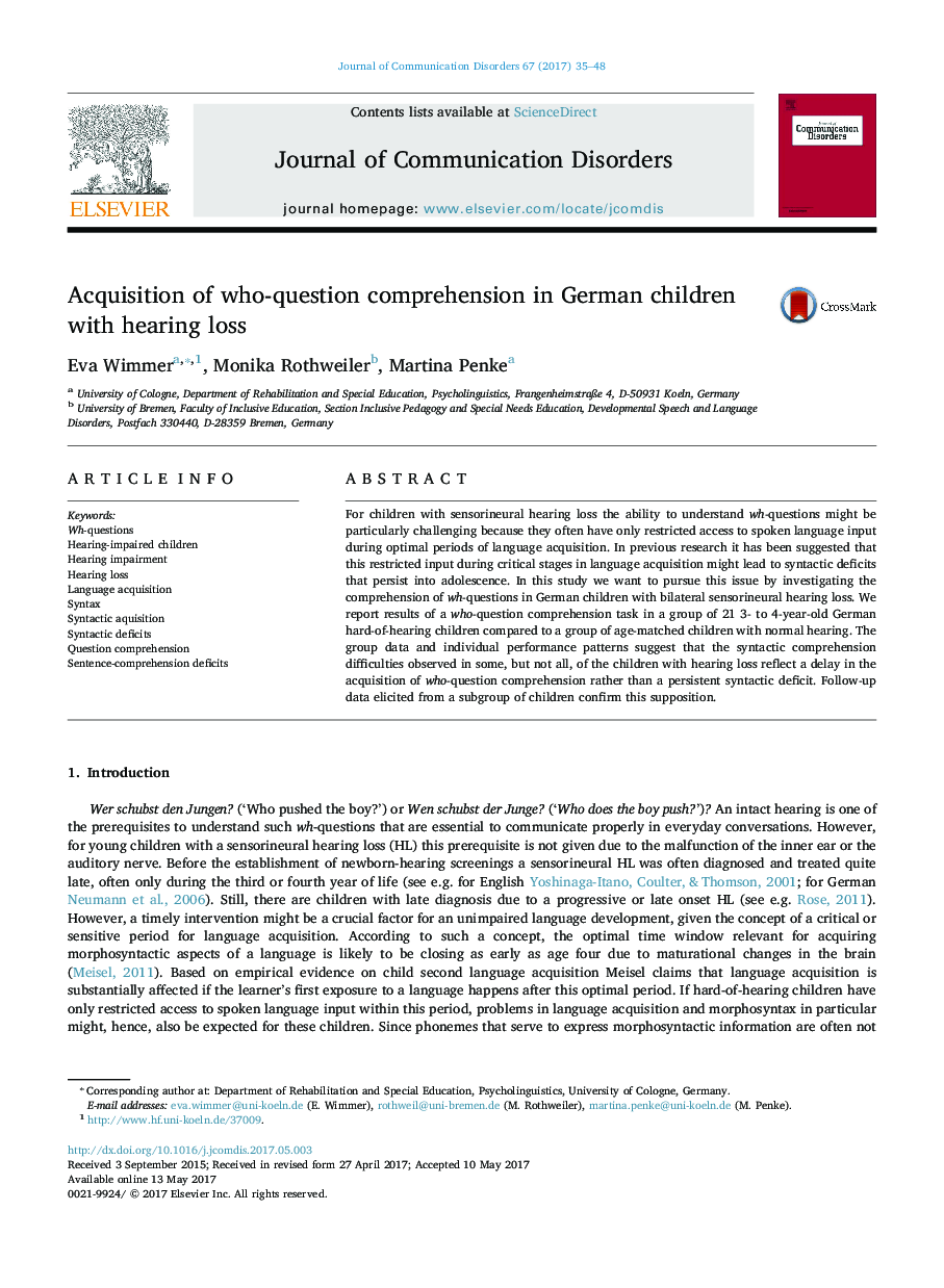 Acquisition of who-question comprehension in German children with hearing loss