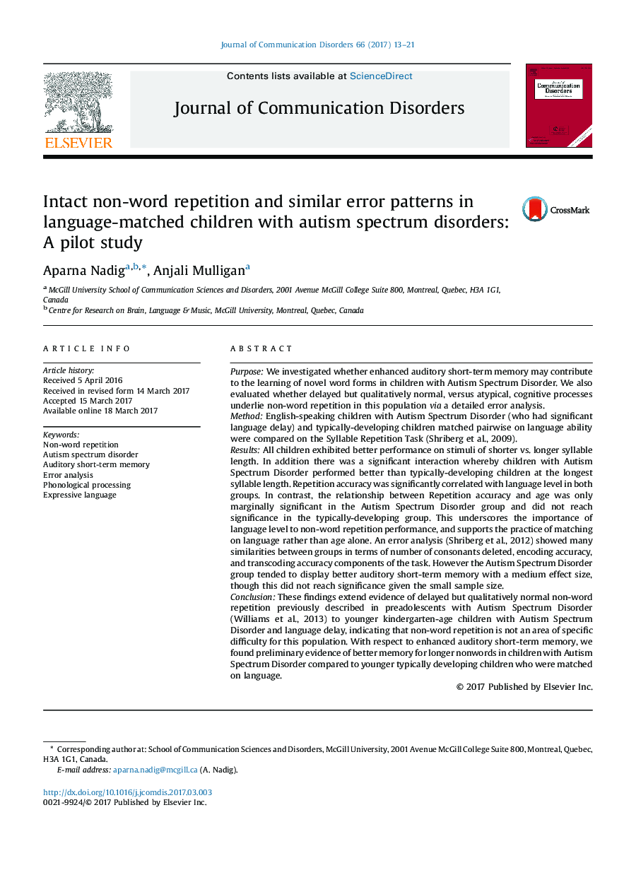 Intact non-word repetition and similar error patterns in language-matched children with autism spectrum disorders: A pilot study