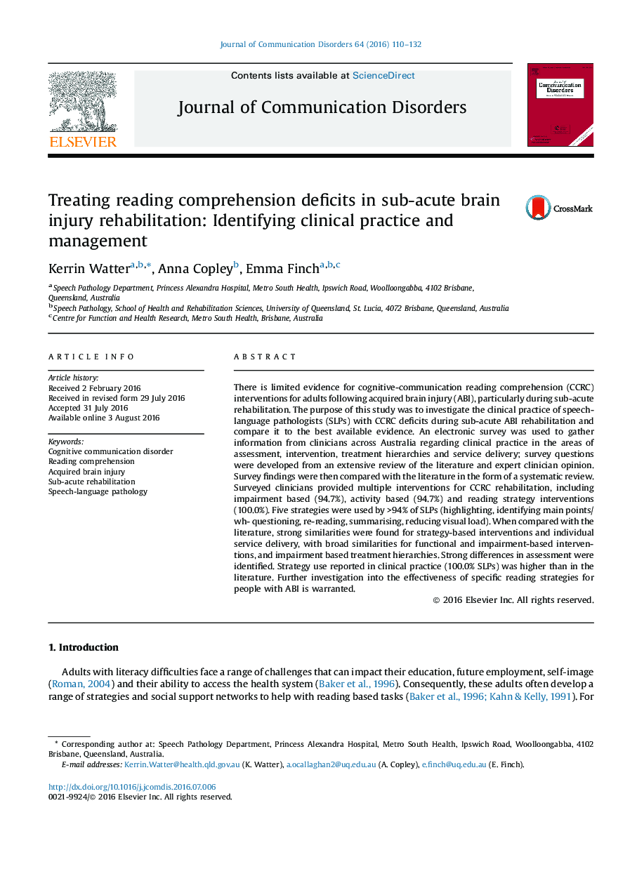 Treating reading comprehension deficits in sub-acute brain injury rehabilitation: Identifying clinical practice and management