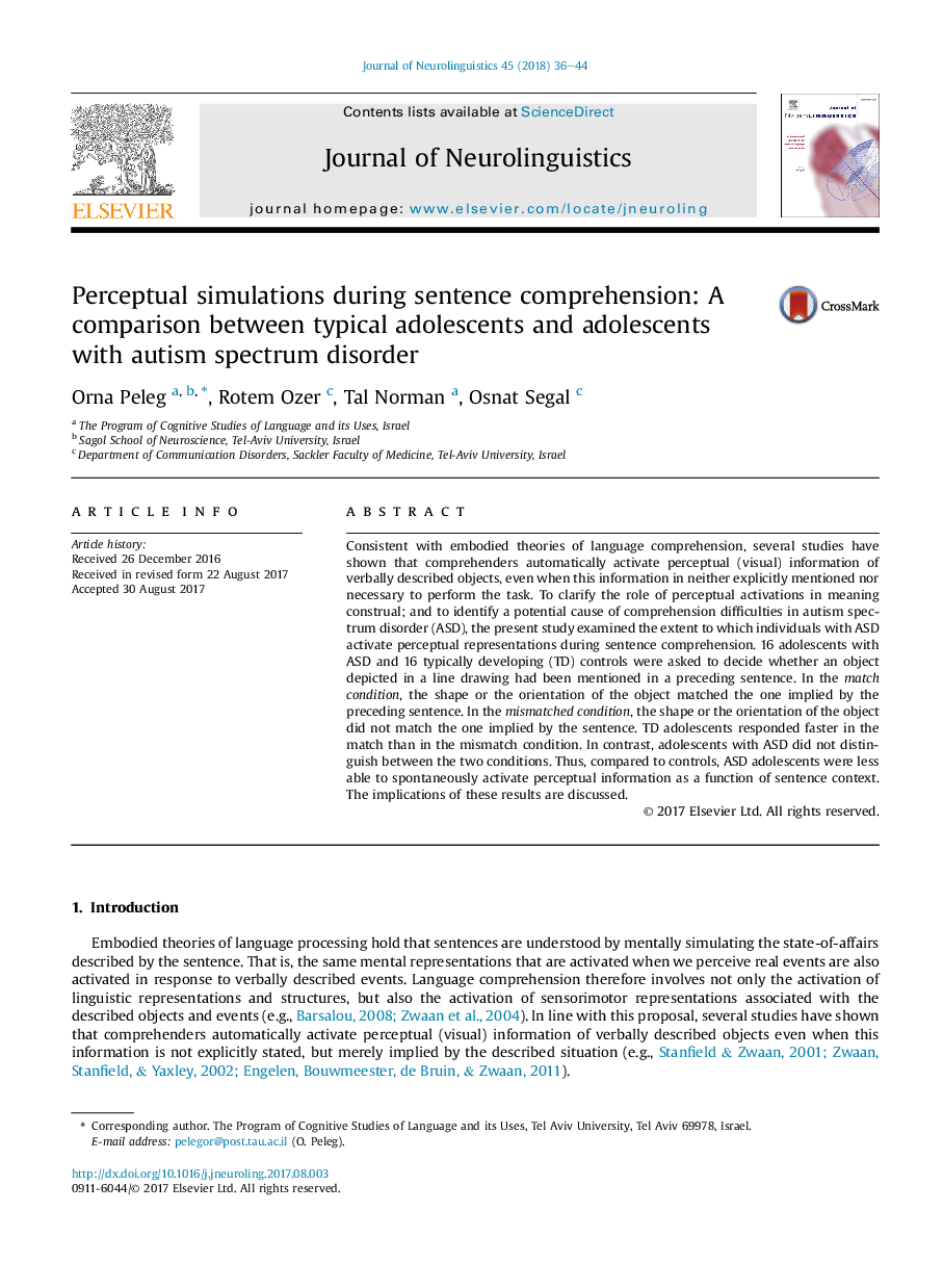 Perceptual simulations during sentence comprehension: A comparison between typical adolescents and adolescents with autism spectrum disorder