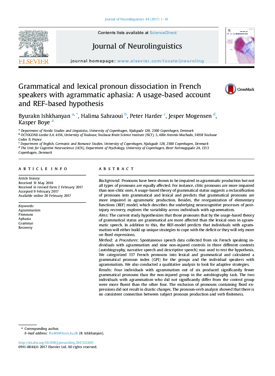 Grammatical and lexical pronoun dissociation in French speakers with agrammatic aphasia: A usage-based account and REF-based hypothesis