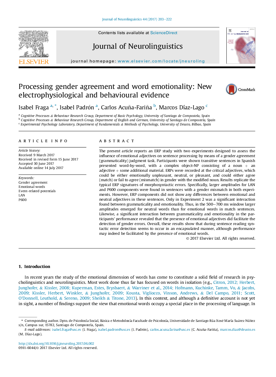 Processing gender agreement and word emotionality: New electrophysiological and behavioural evidence