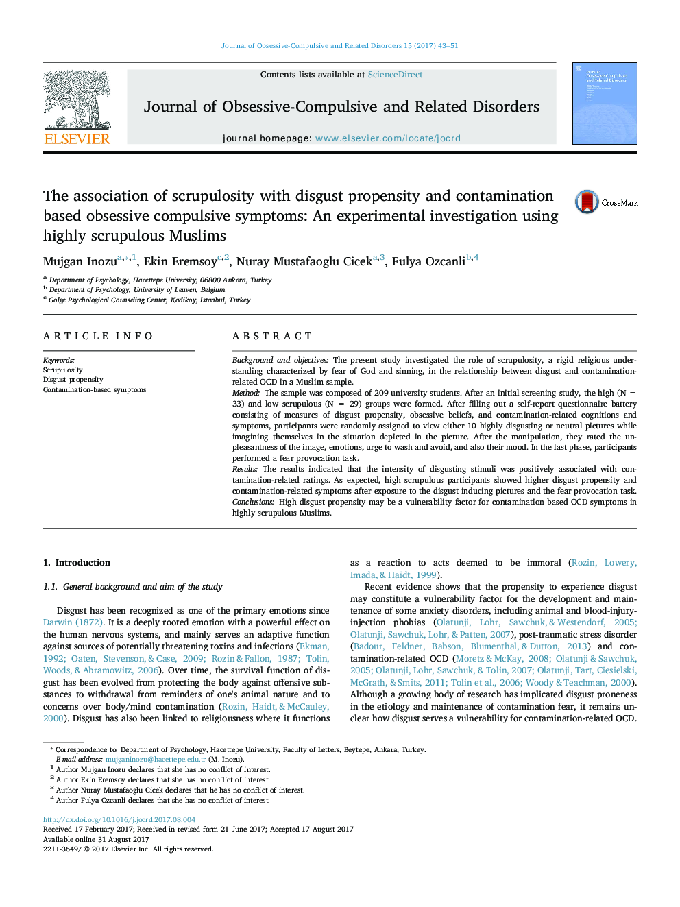 The association of scrupulosity with disgust propensity and contamination based obsessive compulsive symptoms: An experimental investigation using highly scrupulous muslims