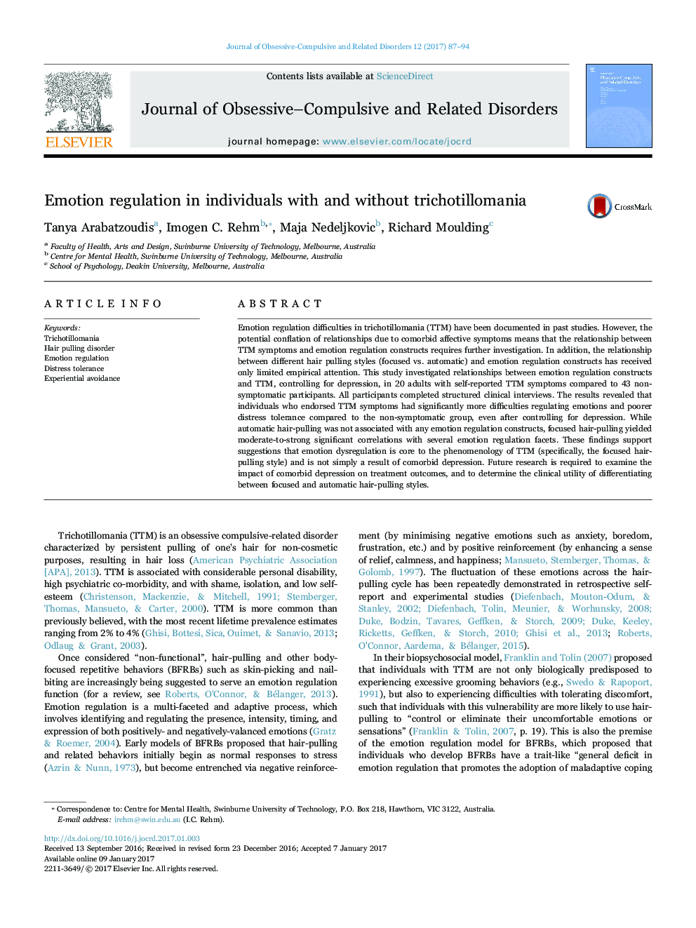 Emotion regulation in individuals with and without trichotillomania