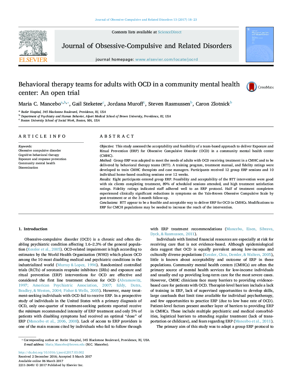 Behavioral therapy teams for adults with OCD in a community mental health center: An open trial