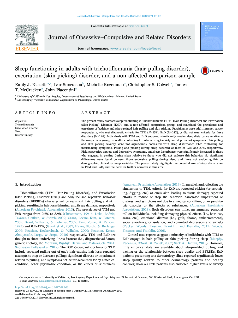 Sleep functioning in adults with trichotillomania (hair-pulling disorder), excoriation (skin-picking) disorder, and a non-affected comparison sample