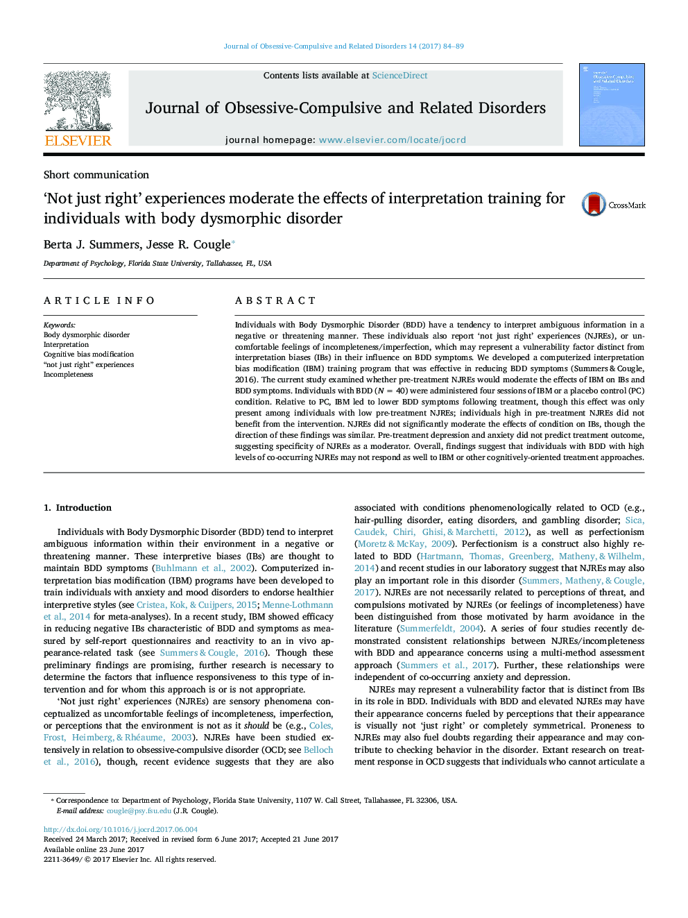 'Not just right' experiences moderate the effects of interpretation training for individuals with body dysmorphic disorder