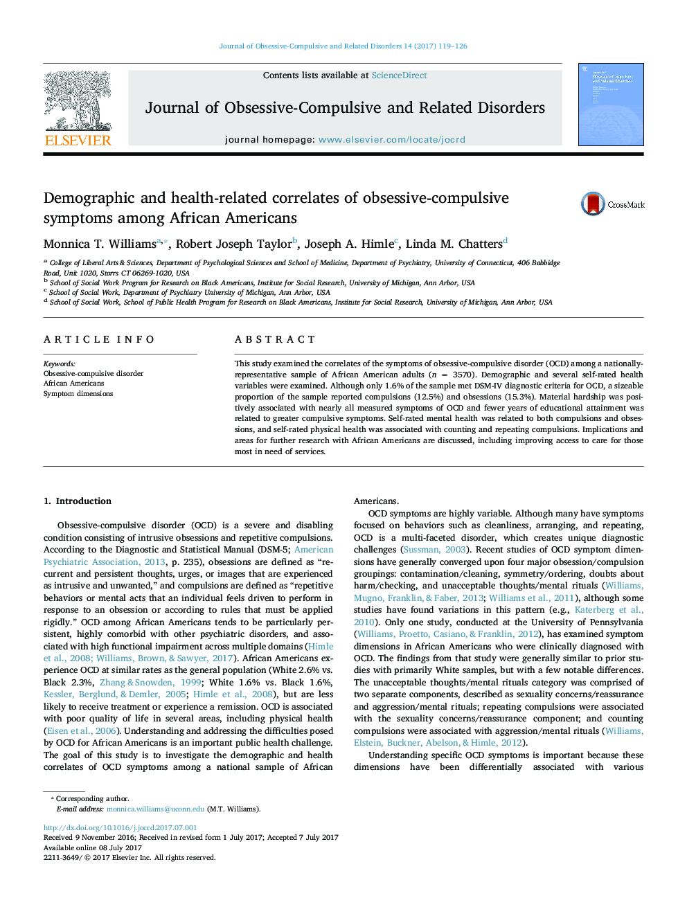 Demographic and health-related correlates of obsessive-compulsive symptoms among African Americans