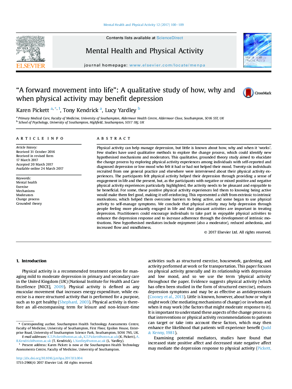 “A forward movement into life”: A qualitative study of how, why and when physical activity may benefit depression