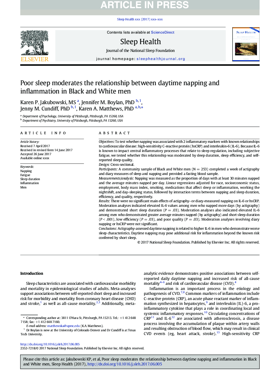 Poor sleep moderates the relationship between daytime napping and inflammation in Black and White men