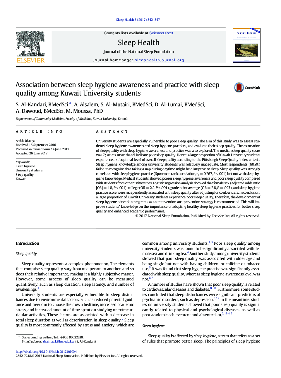 Association between sleep hygiene awareness and practice with sleep quality among Kuwait University students