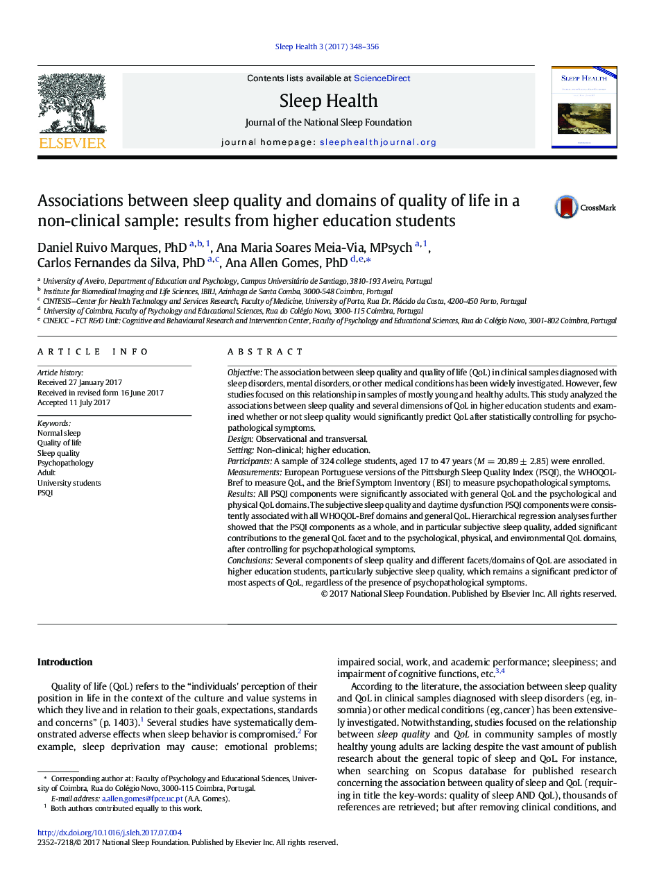 Associations between sleep quality and domains of quality of life in a non-clinical sample: results from higher education students