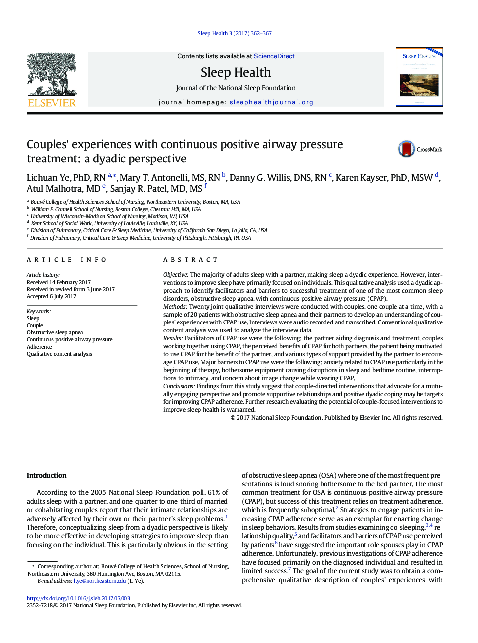 Couples' experiences with continuous positive airway pressure treatment: a dyadic perspective