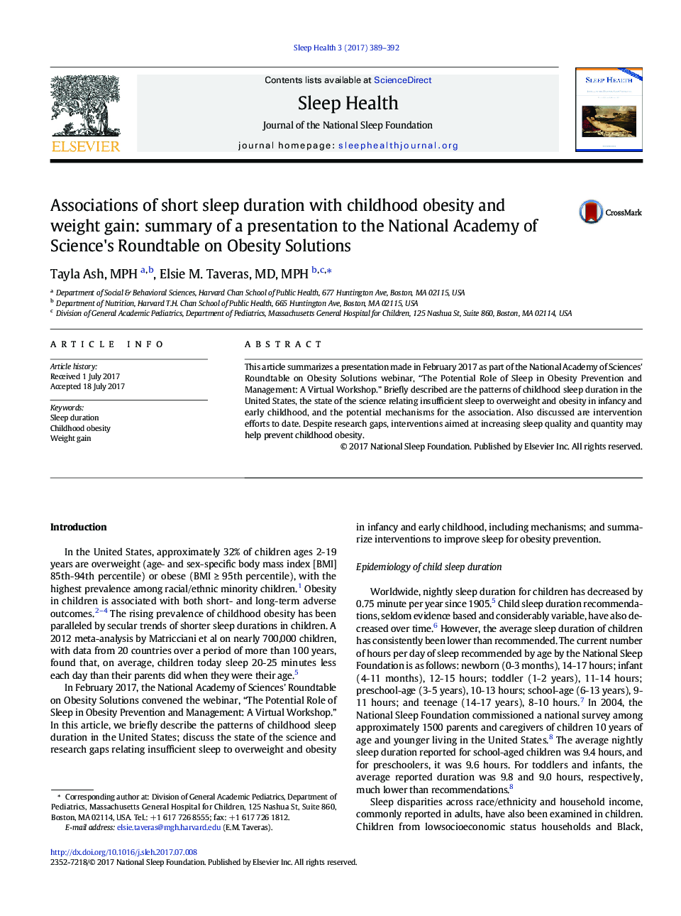 Associations of short sleep duration with childhood obesity and weight gain: summary of a presentation to the National Academy of Science's Roundtable on Obesity Solutions