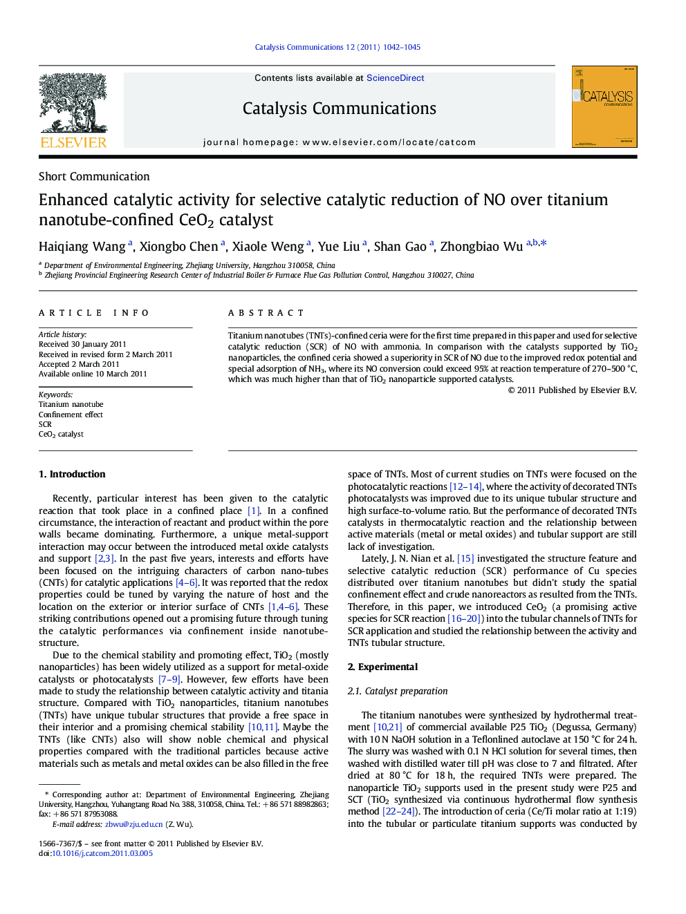 Enhanced catalytic activity for selective catalytic reduction of NO over titanium nanotube-confined CeO2 catalyst