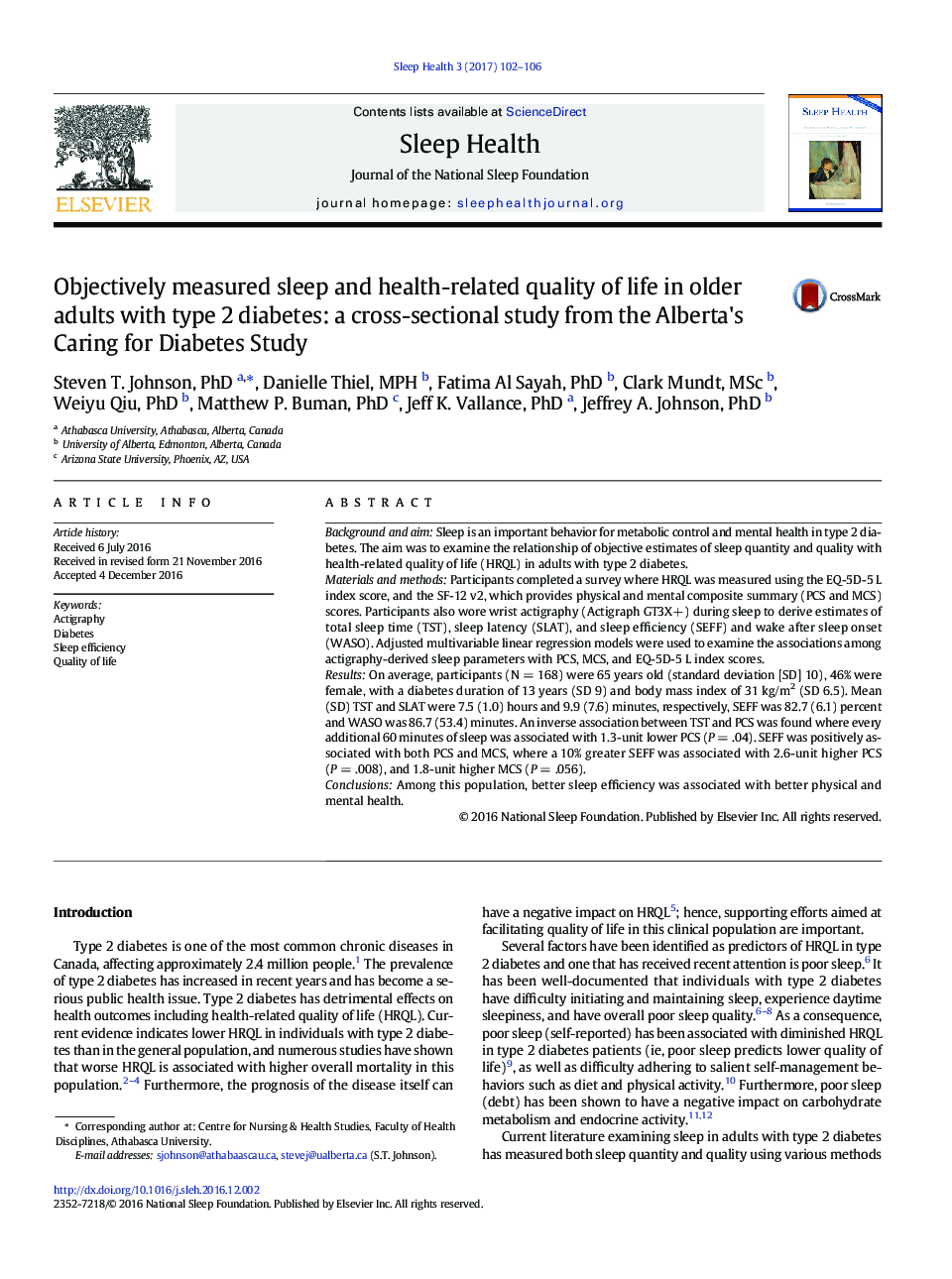 Objectively measured sleep and health-related quality of life in older adults with type 2 diabetes: a cross-sectional study from the Alberta's Caring for Diabetes Study
