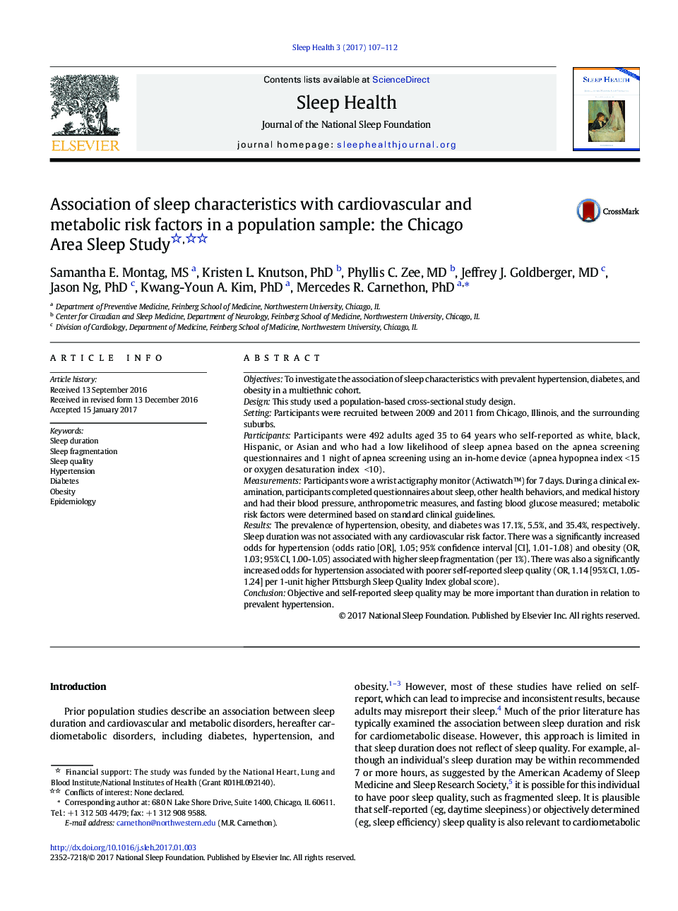 Association of sleep characteristics with cardiovascular and metabolic risk factors in a population sample: the Chicago Area Sleep Study