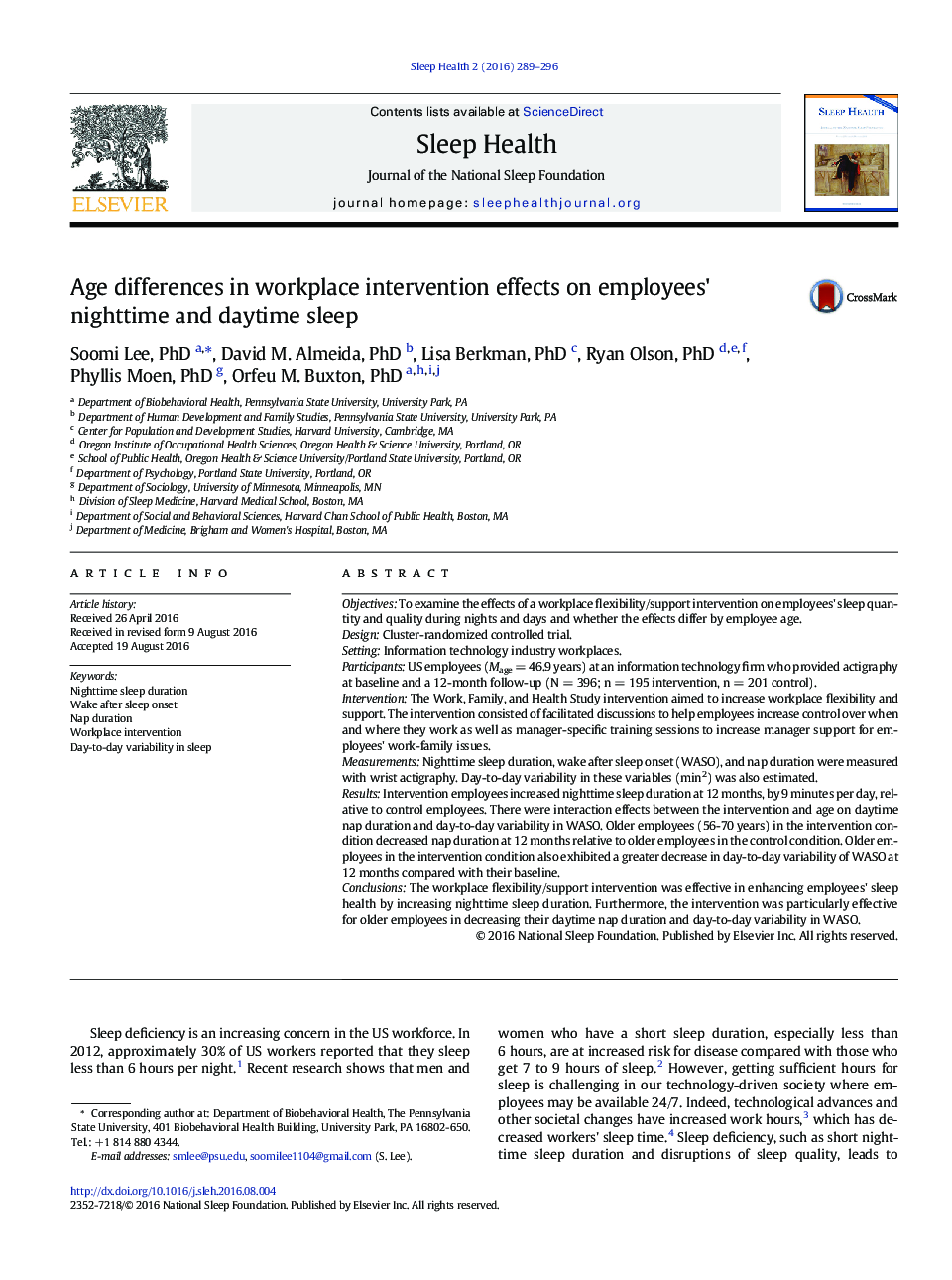 Age differences in workplace intervention effects on employees' nighttime and daytime sleep