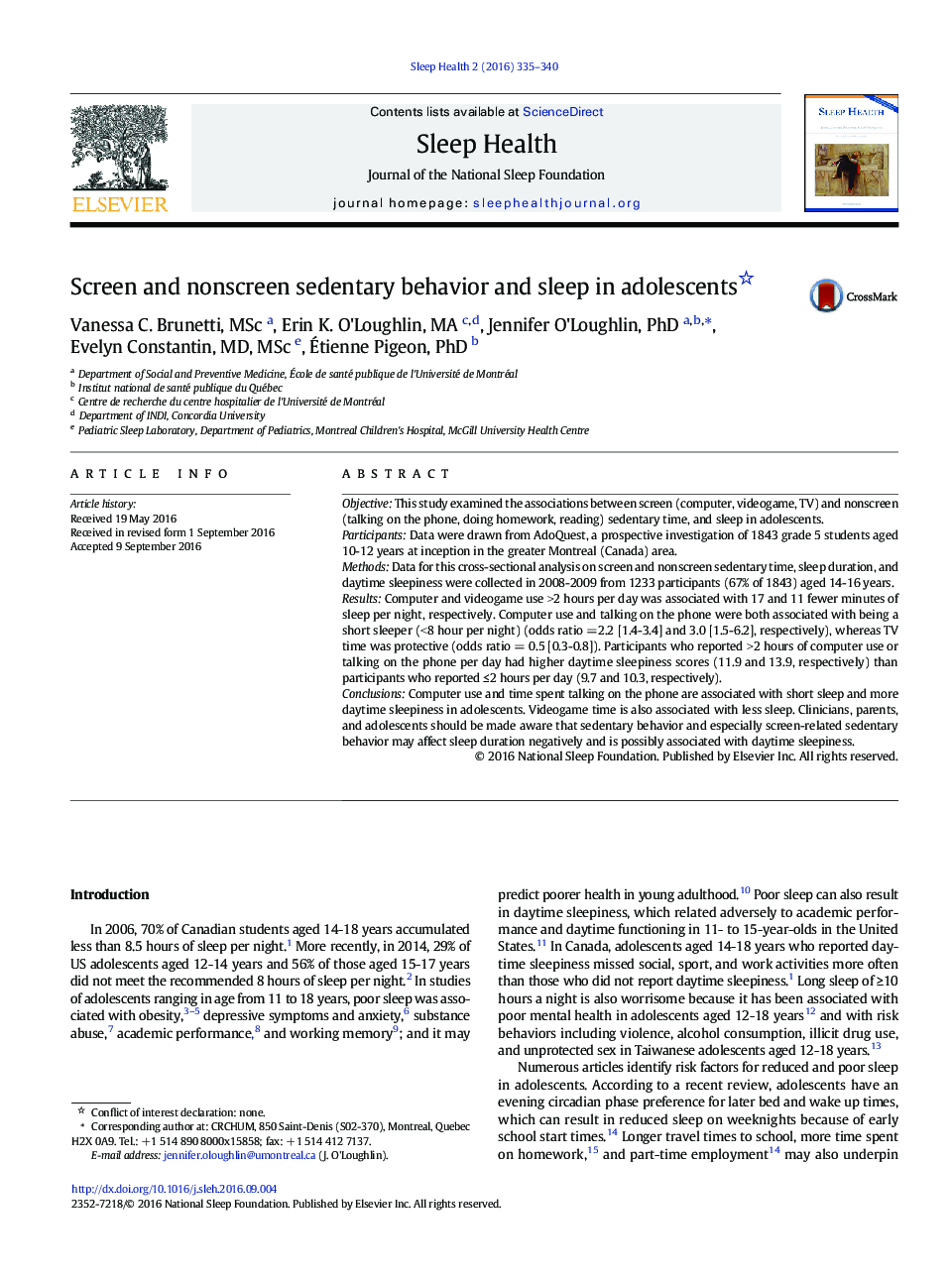 Screen and nonscreen sedentary behavior and sleep in adolescents