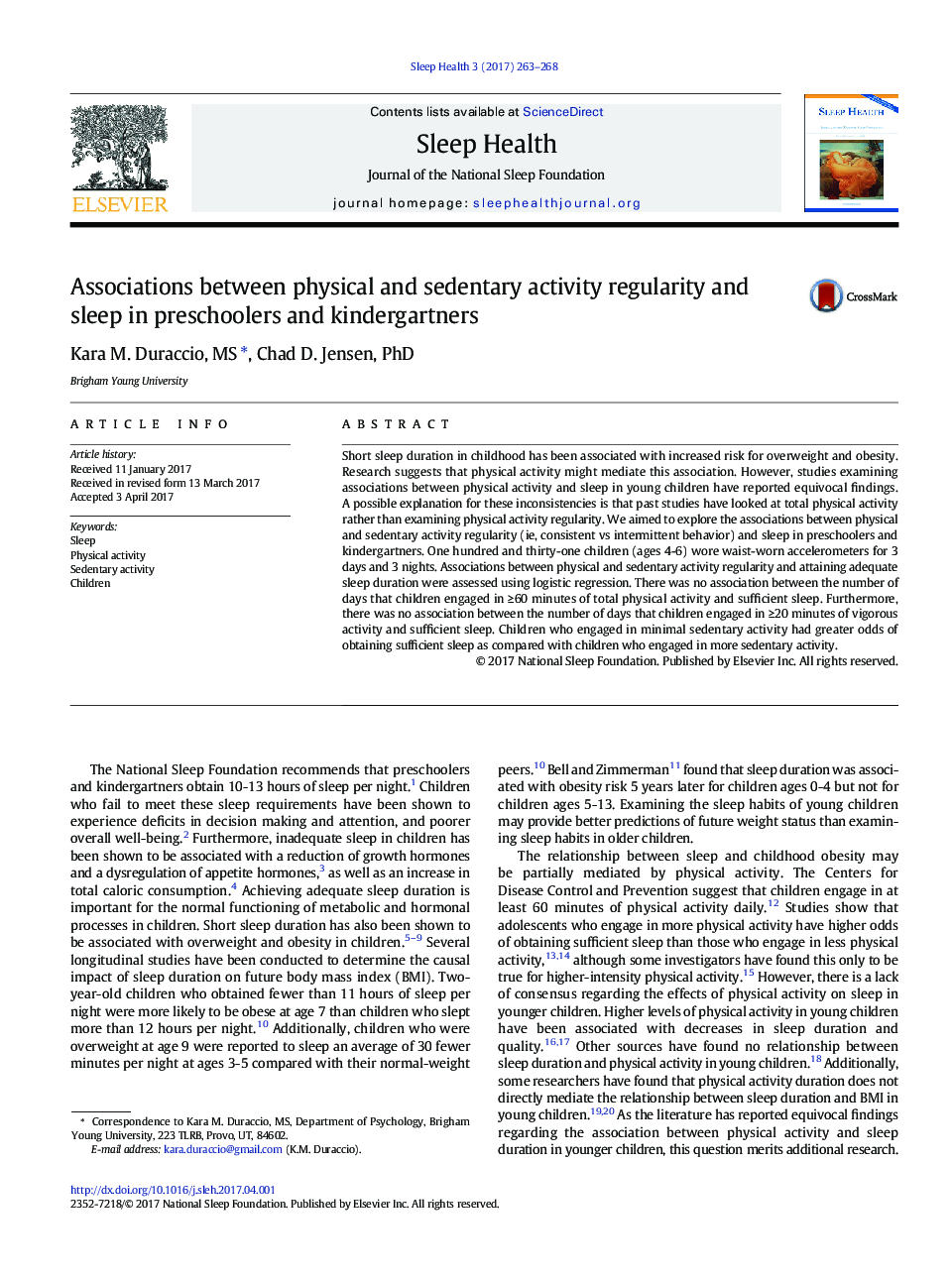 Associations between physical and sedentary activity regularity and sleep in preschoolers and kindergartners