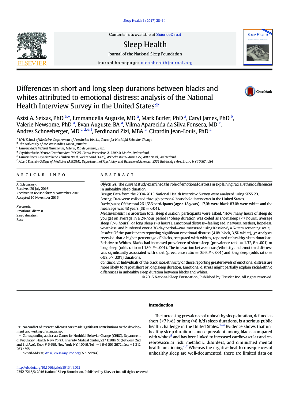 Differences in short and long sleep durations between blacks and whites attributed to emotional distress: analysis of the National Health Interview Survey in the United States