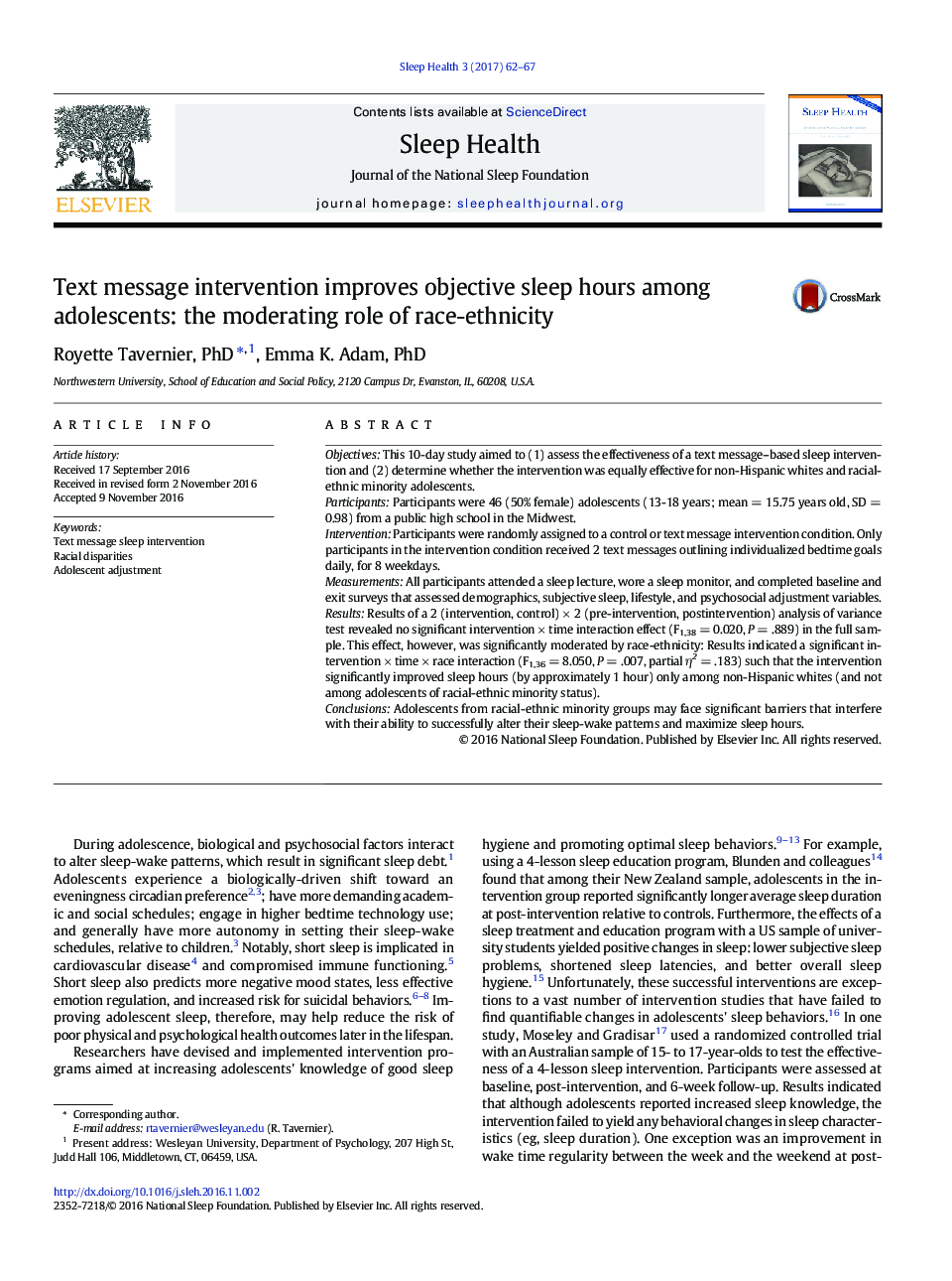 Text message intervention improves objective sleep hours among adolescents: the moderating role of race-ethnicity