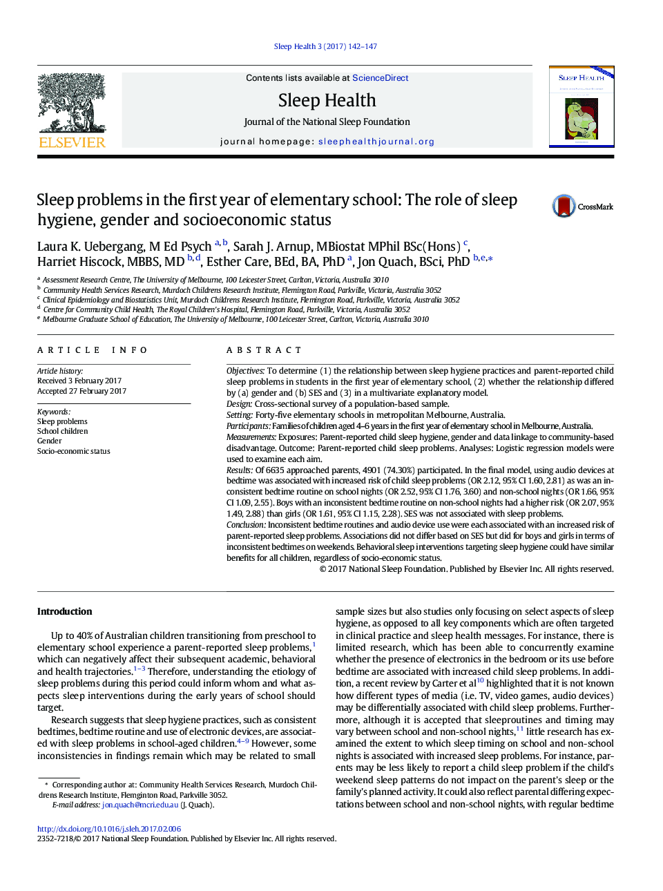 Sleep problems in the first year of elementary school: The role of sleep hygiene, gender and socioeconomic status