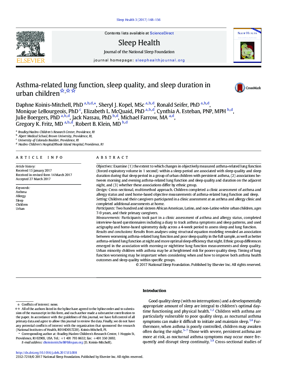 Asthma-related lung function, sleep quality, and sleep duration in urban children