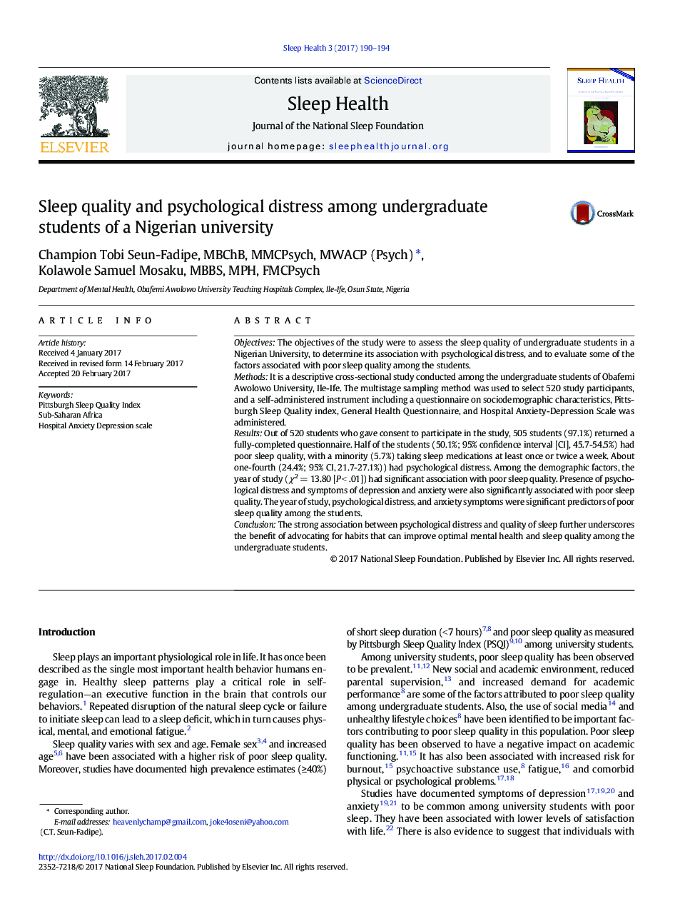 Sleep quality and psychological distress among undergraduate students of a Nigerian university