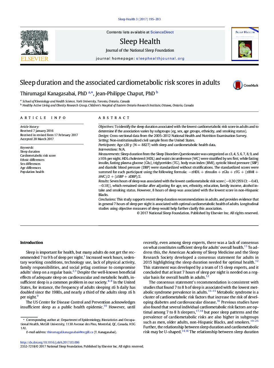 Sleep duration and the associated cardiometabolic risk scores in adults