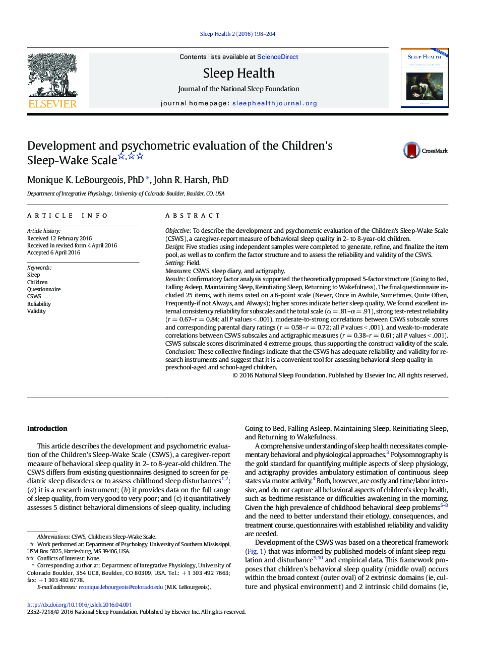 Development and psychometric evaluation of the Children's Sleep-Wake Scale